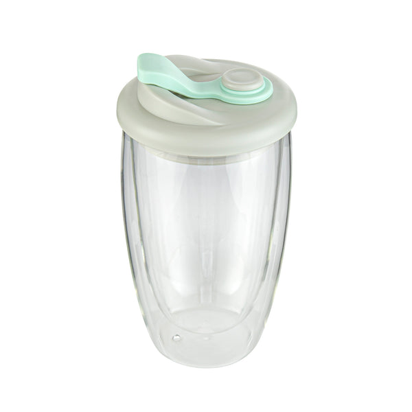 Restaurantware Forma Professional 15 Oz Glass Travel Mug - Double Wall Borosilicate With Gray And Green Lid - 10 Count Box