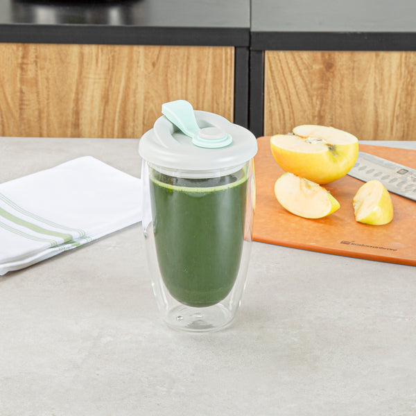 Restaurantware Forma Professional 15 Oz Glass Travel Mug - Double Wall Borosilicate With Gray And Green Lid - 10 Count Box
