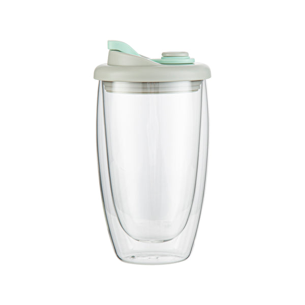 Restaurantware Forma Professional 15 Oz Glass Travel Mug - Double Wall Borosilicate With Gray And Green Lid - 10 Count Box