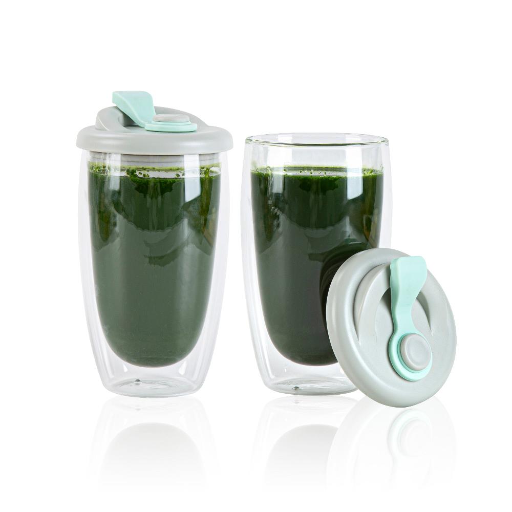 restaurantware Forma Professional 15 oz Glass Travel Mug - Double Wall Borosilicate with Gray and Green Lid - 10 count box