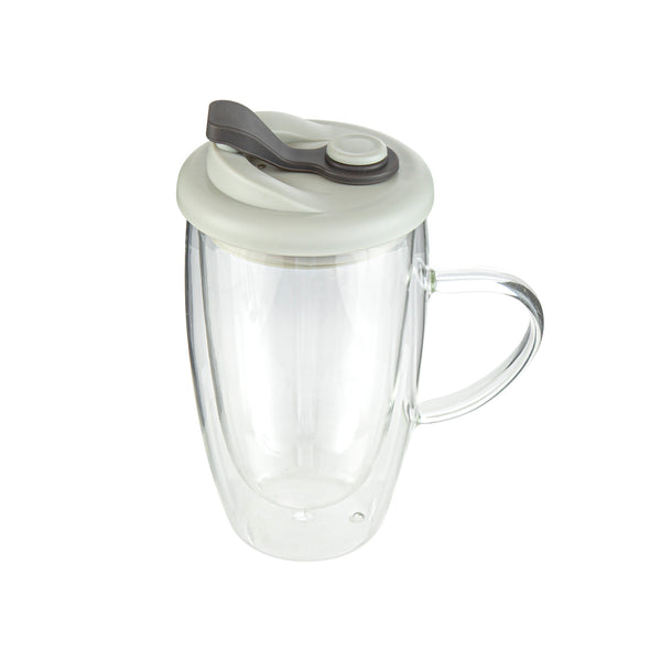 Restaurantware Forma Professional 15 Oz Glass Travel Mug - Double Wall Borosilicate With Handle And Gray Lid - 10 Count Box