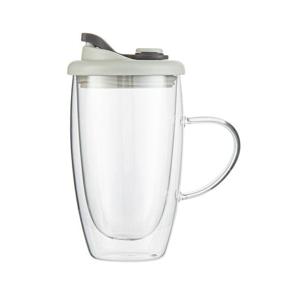 Restaurantware Forma Professional 15 Oz Glass Travel Mug - Double Wall Borosilicate With Handle And Gray Lid - 10 Count Box