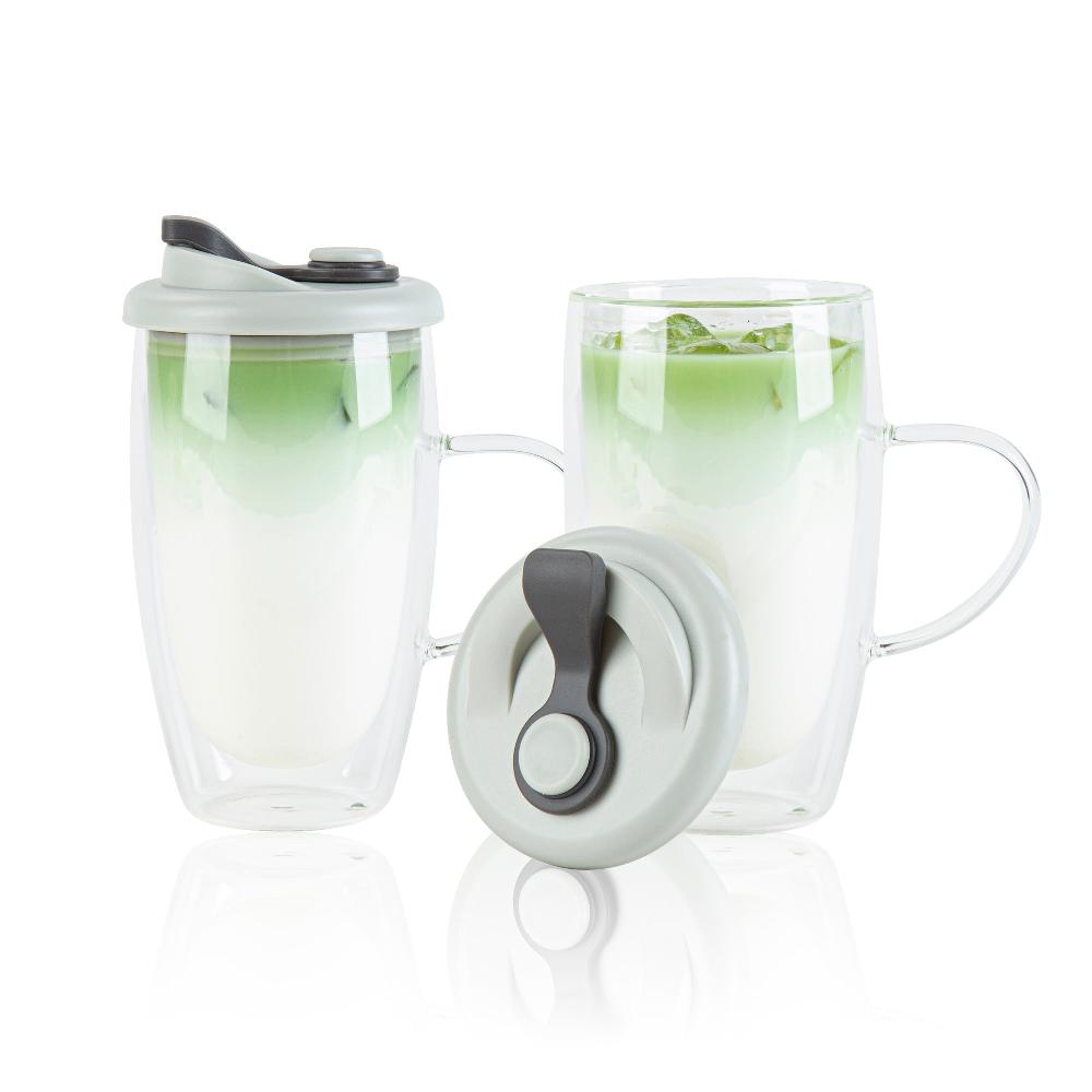 restaurantware Forma Professional 15 oz Glass Travel Mug - Double Wall Borosilicate with Handle and Gray Lid - 10 count box