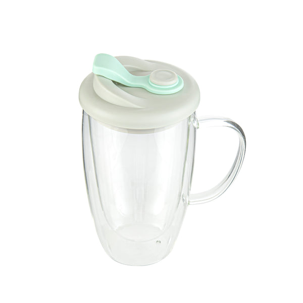 Restaurantware Forma Professional 15 Oz Glass Travel Mug - Double Wall Borosilicate With Handle And Gray And Green Lid - 10 Count Box