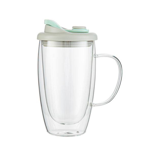 Restaurantware Forma Professional 15 Oz Glass Travel Mug - Double Wall Borosilicate With Handle And Gray And Green Lid - 10 Count Box