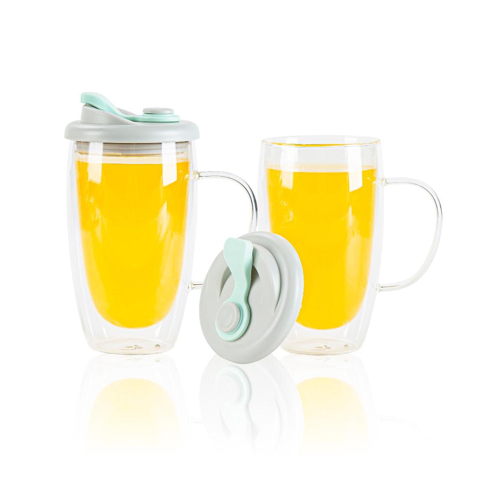 restaurantware Forma Professional 15 oz Glass Travel Mug - Double Wall Borosilicate with Handle and Gray and Green Lid - 10 count box