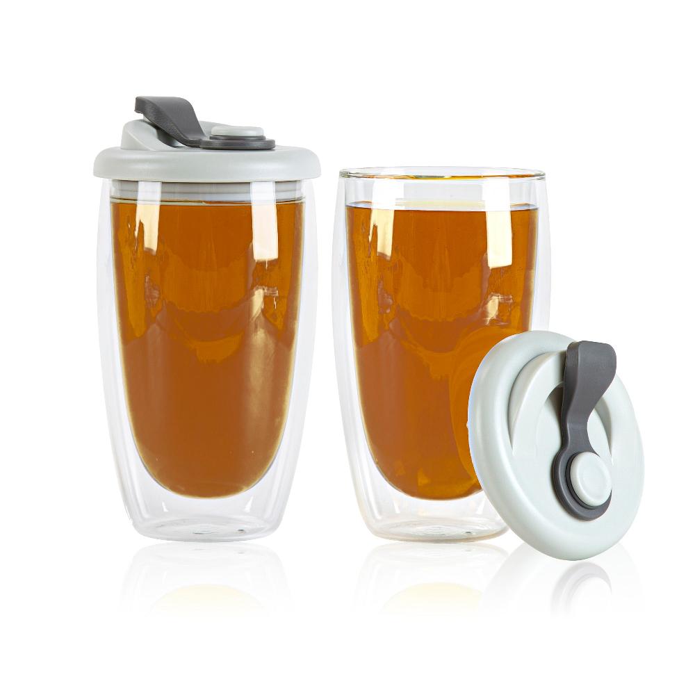 restaurantware Forma Professional 15 oz Glass Travel Mug - Double Wall Borosilicate with Gray Lid - 10 count box