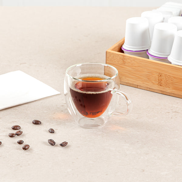 Restaurantware Forma Professional 5 Oz Glass Coffee Cup - Double Wall Borosilicate With Handle - 2 1/2'' X 2 1/2'' X 3 1/4'' - 12 Count Box