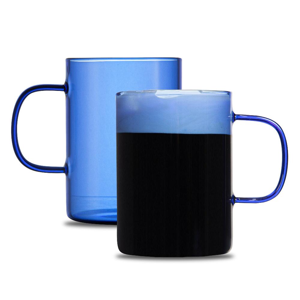 restaurantware Forma Professional 7 oz Blue Glass Coffee Mug - Borosilicate with Handle - 2 1/2" x 2 1/2" x 3 1/2" - 12 count box