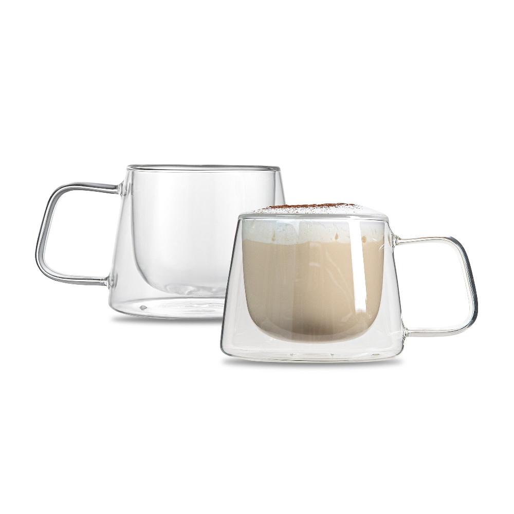 restaurantware Forma Professional 7 oz Glass Coffee Mug - Double Wall Borosilicate with Handle - 3" x 3" x 2 3/4" - 12 count box
