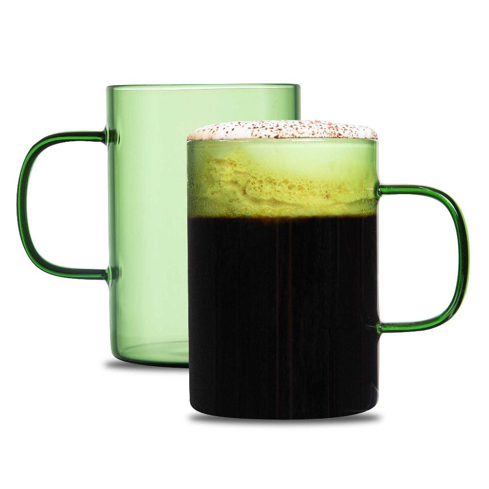 restaurantware Forma Professional 7 oz Green Glass Coffee Mug - Borosilicate with Handle - 2 1/2" x 2 1/2" x 3 1/2" - 12 count box