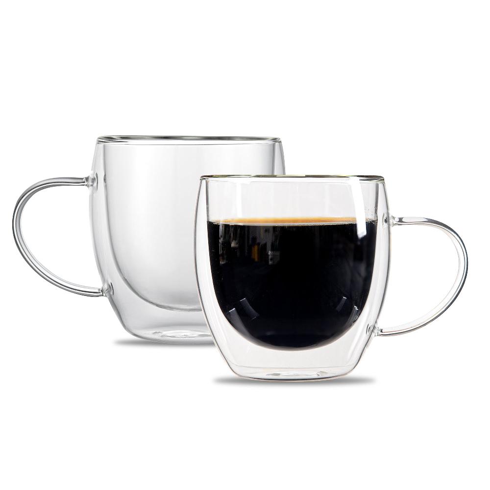 restaurantware Forma Professional 8 oz Glass Coffee Cup - Double Wall Borosilicate with Handle - 3'' x 3'' x 3 1/2'' - 12 count box
