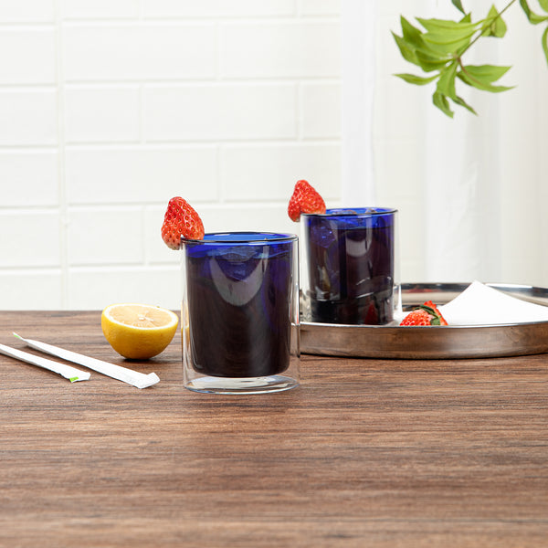 Restaurantware Forma Professional 9 Oz Blue Glass Tumbler - Double Wall Borosilicate - 3 1/4" X 3 1/4" X 4" - 12 Count Box