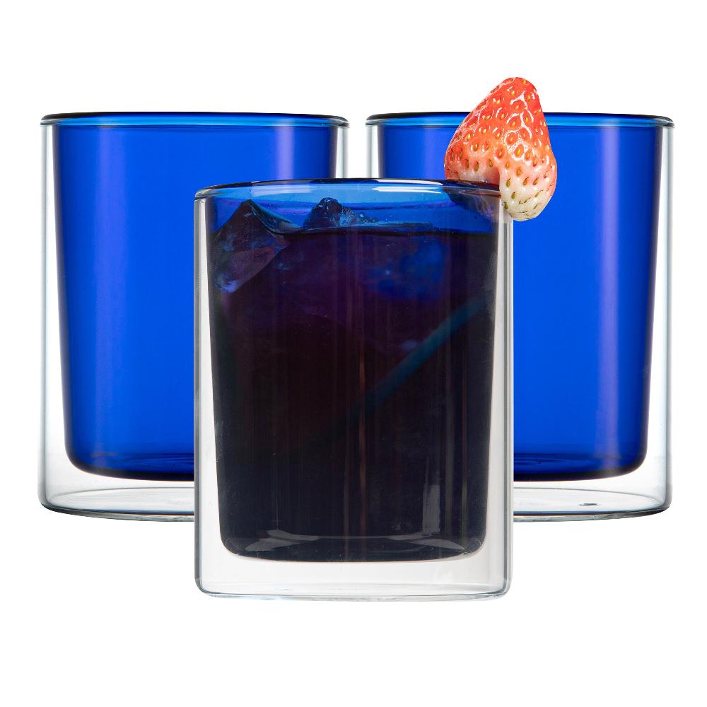 restaurantware Forma Professional 9 oz Blue Glass Tumbler - Double Wall Borosilicate - 3 1/4" x 3 1/4" x 4" - 12 count box