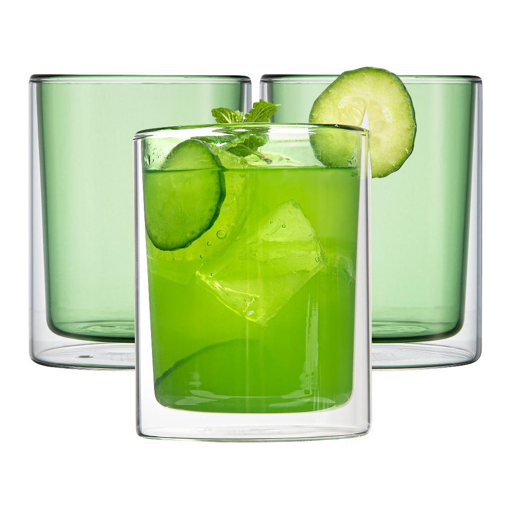 restaurantware Forma Professional 9 oz Green Glass Tumbler - Double Wall Borosilicate - 3 1/4" x 3 1/4" x 4" - 12 count box