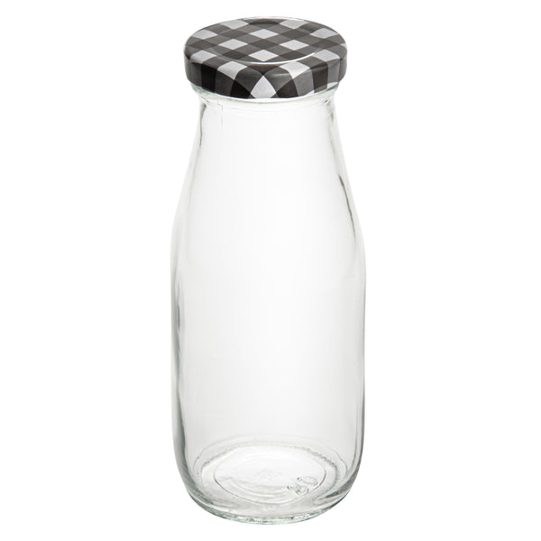 Restaurantware French Countryside 11 Oz Glass Bottle - With Black Plaid Lid - 2 1/2" X 2 1/2" X 6" - 10 Count Box