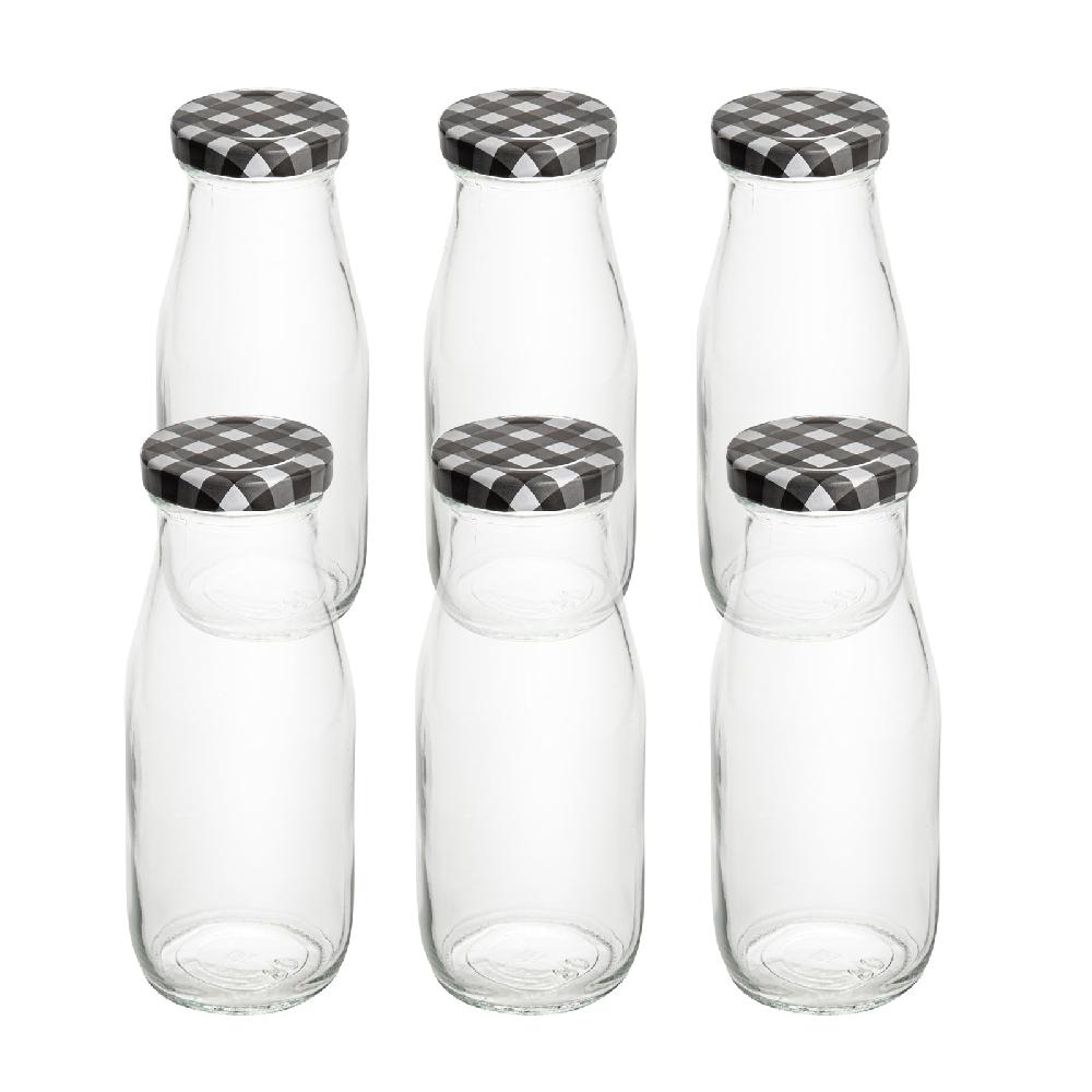 restaurantware French Countryside 11 oz Glass Bottle - with Black Plaid Lid - 2 1/2" x 2 1/2" x 6" - 10 count box