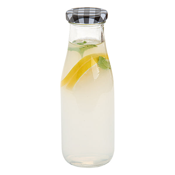 Restaurantware French Countryside 15 Oz Glass Bottle - With Black Plaid Lid - 2 1/2" X 2 1/2" X 7 1/2" - 10 Count Box