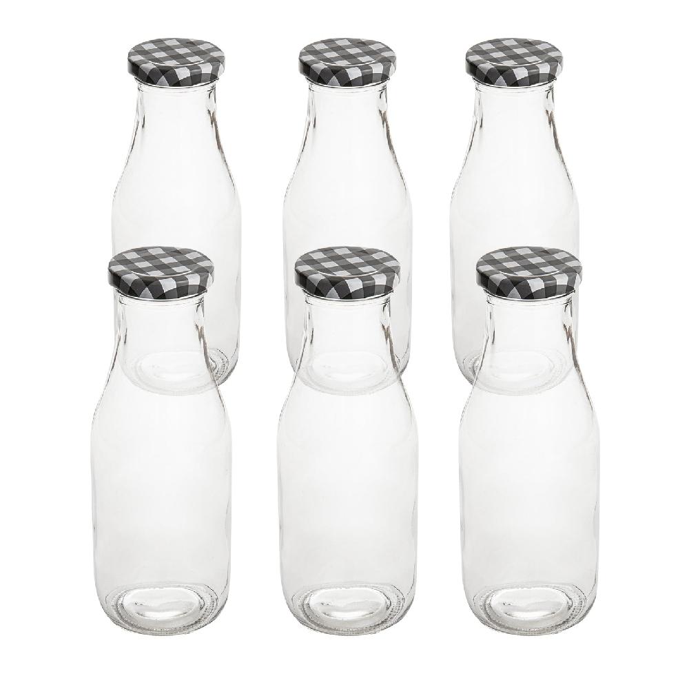 restaurantware French Countryside 15 oz Glass Bottle - with Black Plaid Lid - 2 1/2" x 2 1/2" x 7 1/2" - 10 count box
