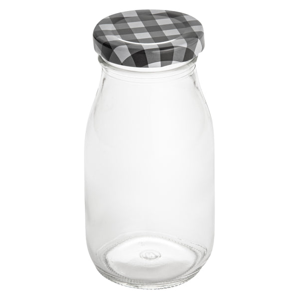 Restaurantware French Countryside 6 Oz Glass Bottle - With Black Plaid Lid - 2 1/4" X 2 1/4" X 4 3/4" - 10 Count Box