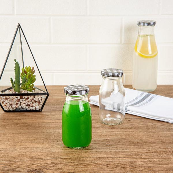Restaurantware French Countryside 6 Oz Glass Bottle - With Black Plaid Lid - 2 1/4" X 2 1/4" X 4 3/4" - 10 Count Box