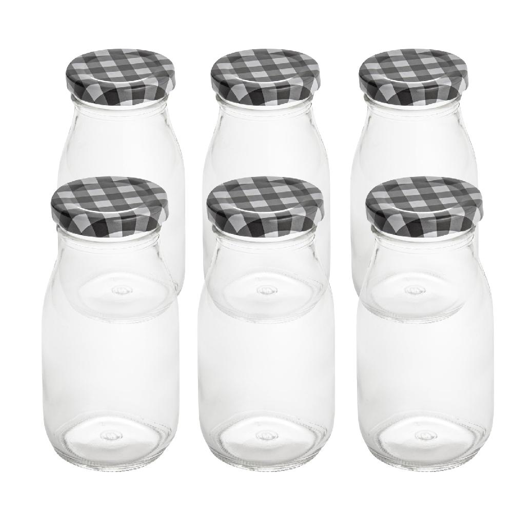 restaurantware French Countryside 6 oz Glass Bottle - with Black Plaid Lid - 2 1/4" x 2 1/4" x 4 3/4" - 10 count box