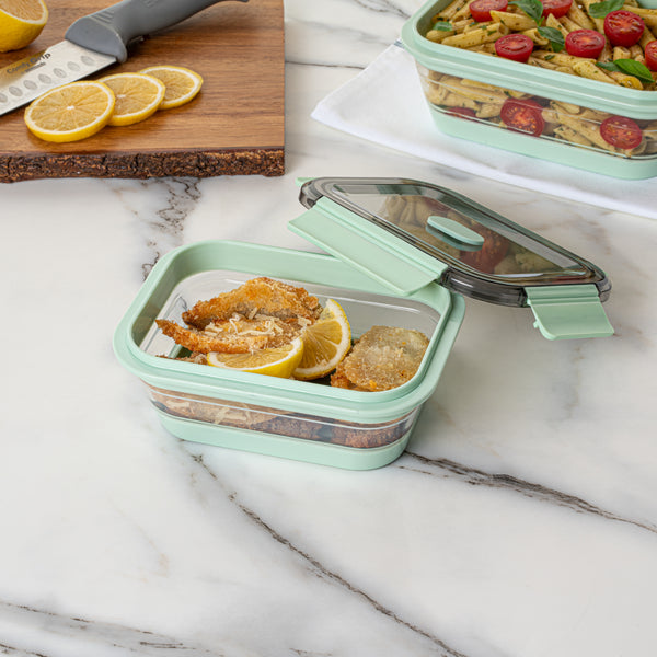 Restaurantware Fresh Hero 27 Oz Green Plastic Airtight Food Storage Container - With Vented Lid Collapsible - 7 1/4" X 5 1/2" X 2 3/4" - 20 Count Box