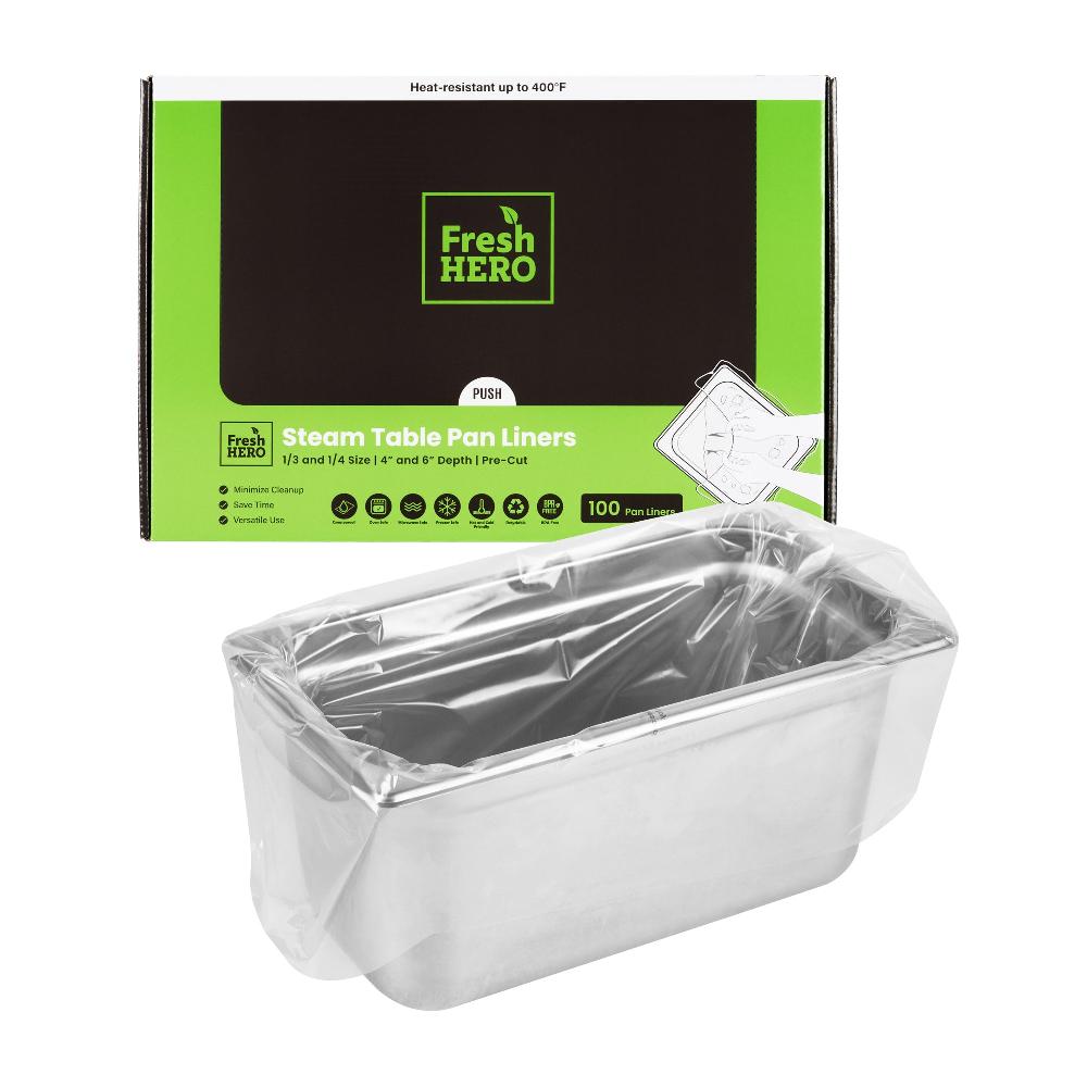 restaurantware Fresh Hero Nylon 1/3 and 1/4 Steam Table Pan Liner - 4" and 6" Depth - 19" x 14" - 100 count box