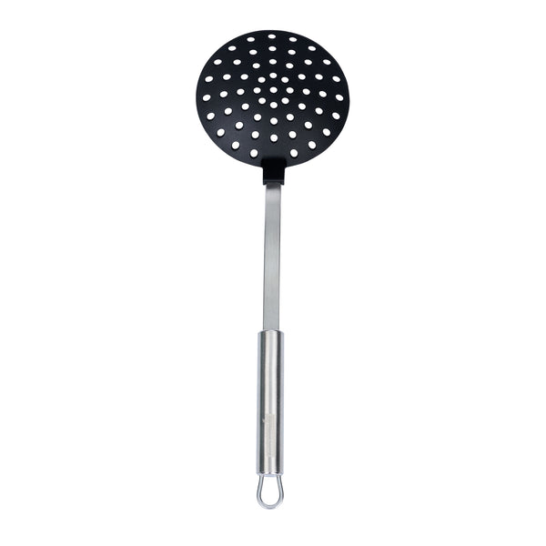 Restaurantware German Standard Black Nylon High Heat Skimmer - With Stainless Steel Handle - 12 3/4'' X 4 1/4'' - 1 Count Box