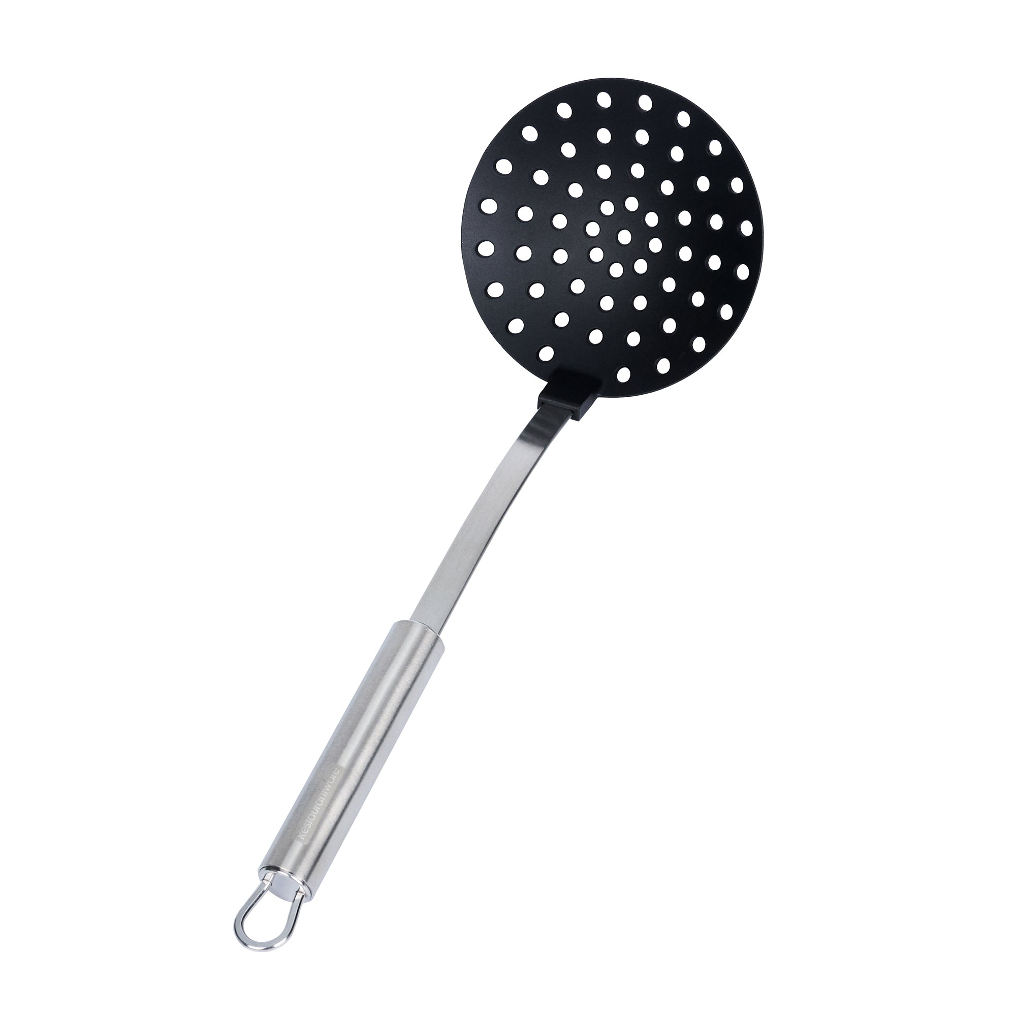 restaurantware German Standard Black Nylon High Heat Skimmer - with Stainless Steel Handle - 12 3/4'' x 4 1/4'' - 1 count box