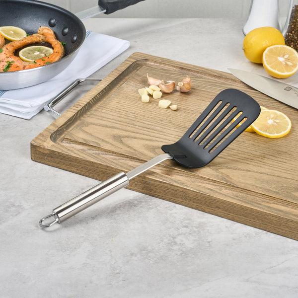 Restaurantware German Standard Black Nylon High Heat Slotted Turner / Spatula - With Stainless Steel Handle - 12 1/2'' - 1 Count Box