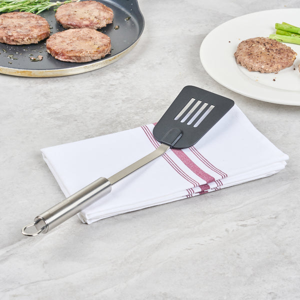 Restaurantware German Standard Black Nylon High Heat Slotted Turner / Spatula - With Stainless Steel Handle - 12 3/4'' - 1 Count Box