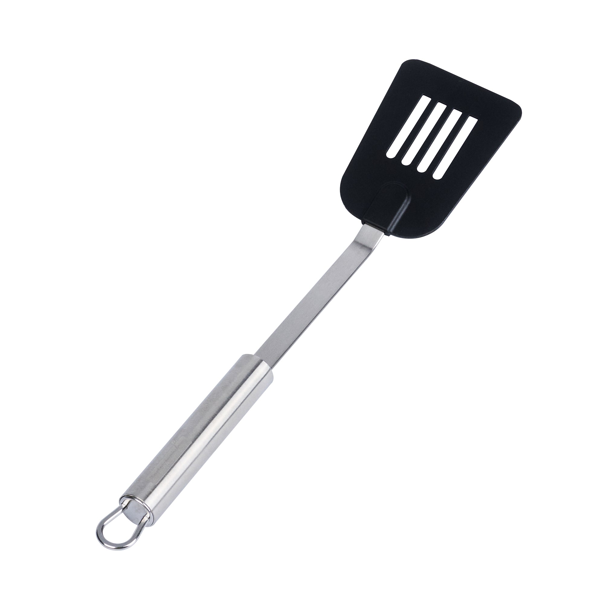 restaurantware German Standard Black Nylon High Heat Slotted Turner / Spatula - with Stainless Steel Handle - 12 3/4'' - 1 count box