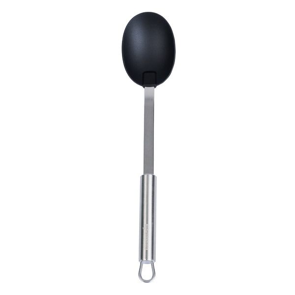 Restaurantware German Standard Black Nylon High Heat Solid Serving Spoon - With Stainless Steel Handle - 12 1/2'' X 2 1/2'' X 1 1/2'' - 1 Count Box