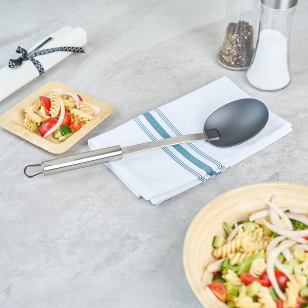 Restaurantware German Standard Black Nylon High Heat Solid Serving Spoon - With Stainless Steel Handle - 12 1/2'' X 2 1/2'' X 1 1/2'' - 1 Count Box
