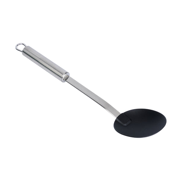 Restaurantware German Standard Black Nylon High Heat Solid Serving Spoon - With Stainless Steel Handle - 12 1/2'' X 2 1/2'' X 1 1/2'' - 1 Count Box