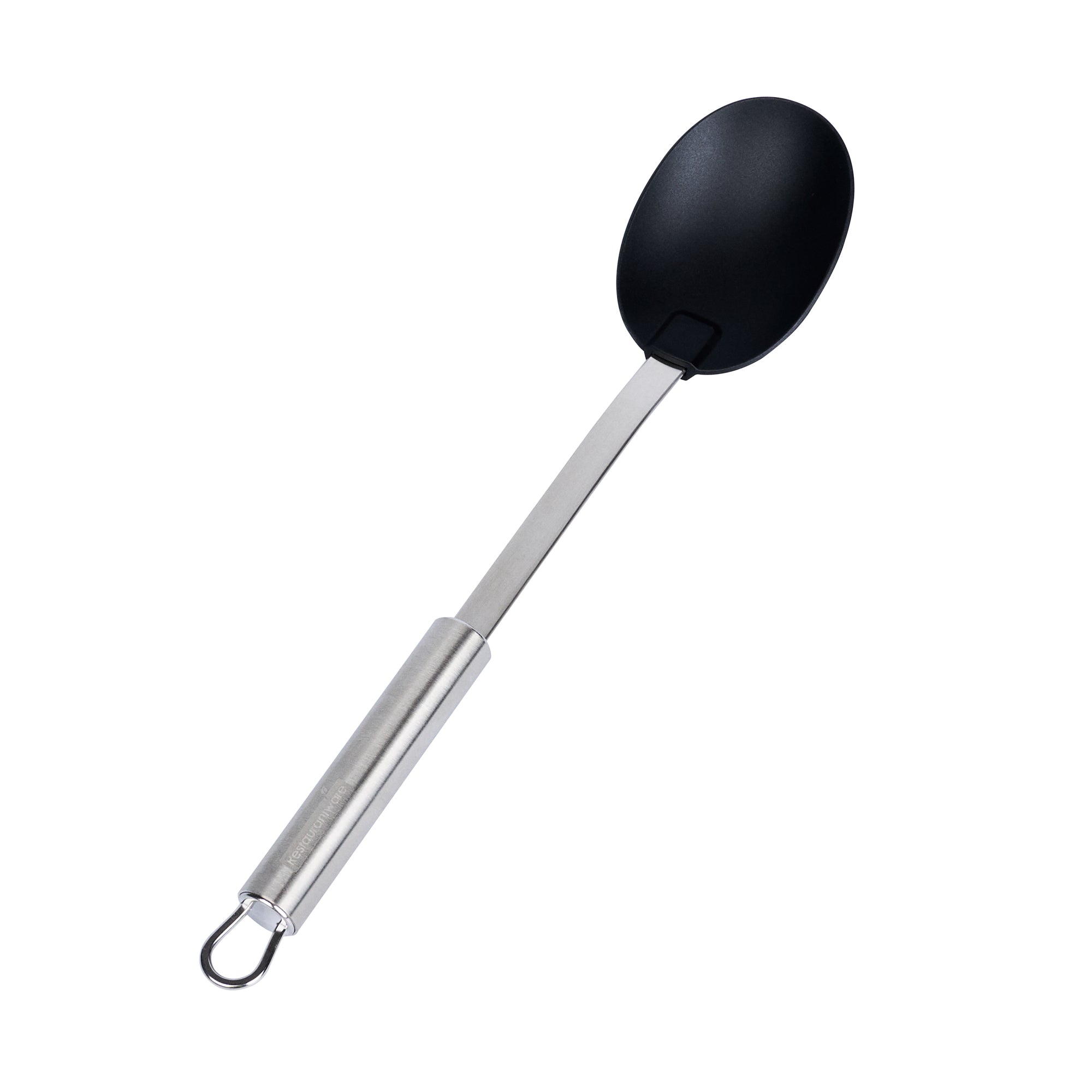 restaurantware German Standard Black Nylon High Heat Solid Serving Spoon - with Stainless Steel Handle - 12 1/2'' x 2 1/2'' x 1 1/2'' - 1 count box