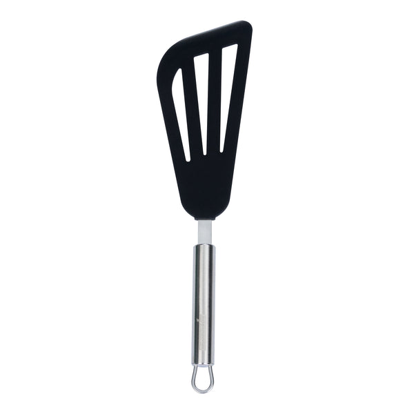 Restaurantware German Standard Black Silicone Fish / Egg Turner / Spatula - With Stainless Steel Handle - 12 3/4'' - 1 Count Box