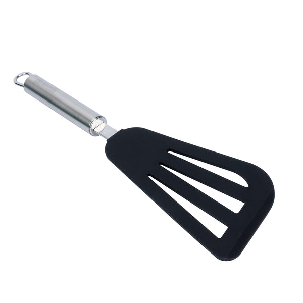Restaurantware German Standard Black Silicone Fish / Egg Turner / Spatula - With Stainless Steel Handle - 12 3/4'' - 1 Count Box