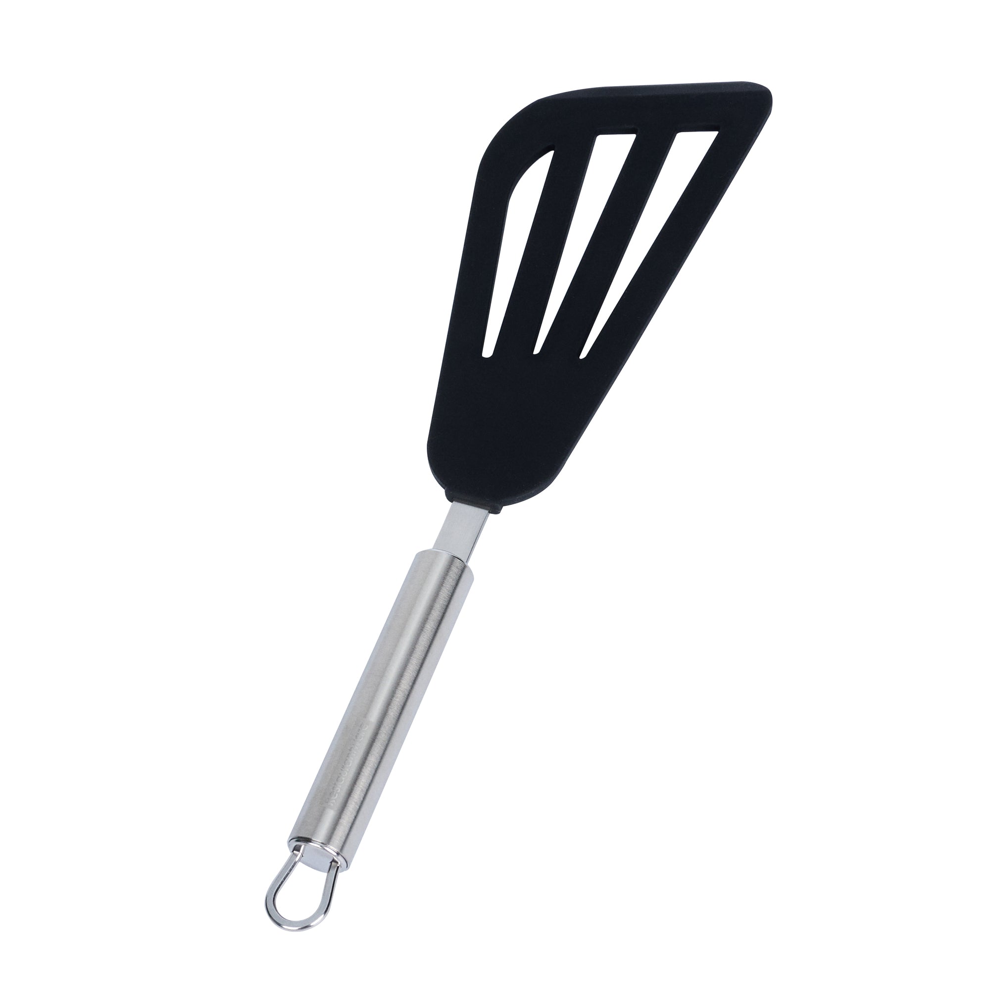 restaurantware German Standard Black Silicone Fish / Egg Turner / Spatula - with Stainless Steel Handle - 12 3/4'' - 1 count box