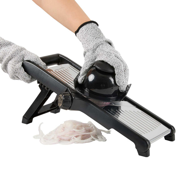 Restaurantware German Standard Stainless Steel Adjustable Mandoline Slicer - Cut-Resistant Gloves Cleaning Brush Blade Guard - 1 Count Box