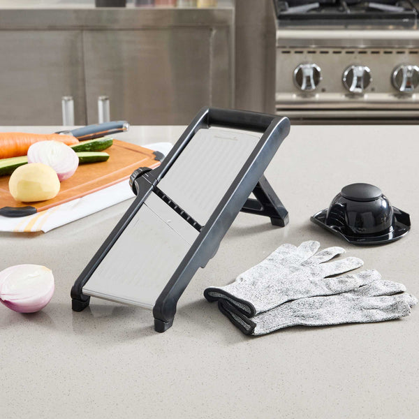 Restaurantware German Standard Stainless Steel Adjustable Mandoline Slicer - Cut-Resistant Gloves Cleaning Brush Blade Guard - 1 Count Box