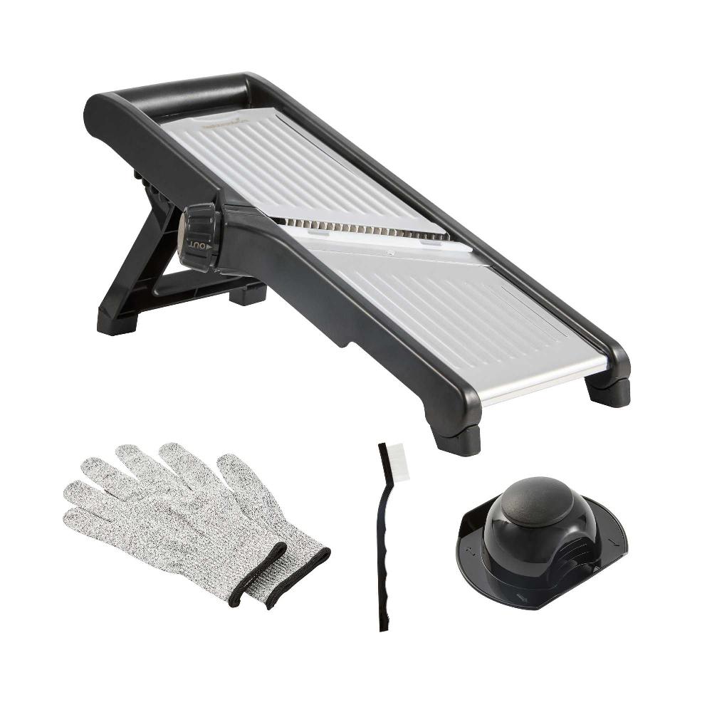 restaurantware German Standard Stainless Steel Adjustable Mandoline Slicer - Cut-Resistant Gloves Cleaning Brush Blade Guard - 1 count box