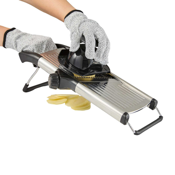 Restaurantware German Standard Stainless Steel Heavy-Duty Adjustable Mandoline Slicer - Cut-Resistant Gloves Cleaning Brush Blade Guard - 1 Count Box