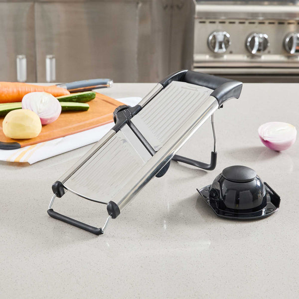 Restaurantware German Standard Stainless Steel Heavy-Duty Adjustable Mandoline Slicer - Cut-Resistant Gloves Cleaning Brush Blade Guard - 1 Count Box
