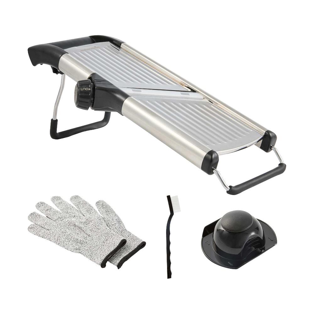 restaurantware German Standard Stainless Steel Heavy-Duty Adjustable Mandoline Slicer - Cut-Resistant Gloves Cleaning Brush Blade Guard - 1 count box