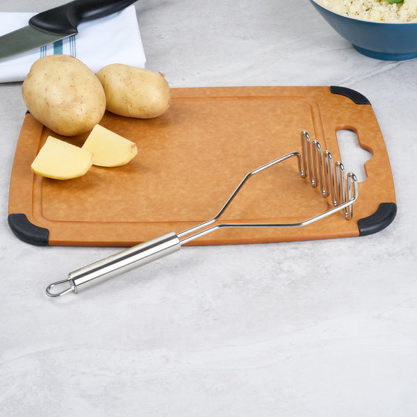 Restaurantware German Standard Stainless Steel Square-Faced Potato / Bean Masher - 11'' - 1 Count Box