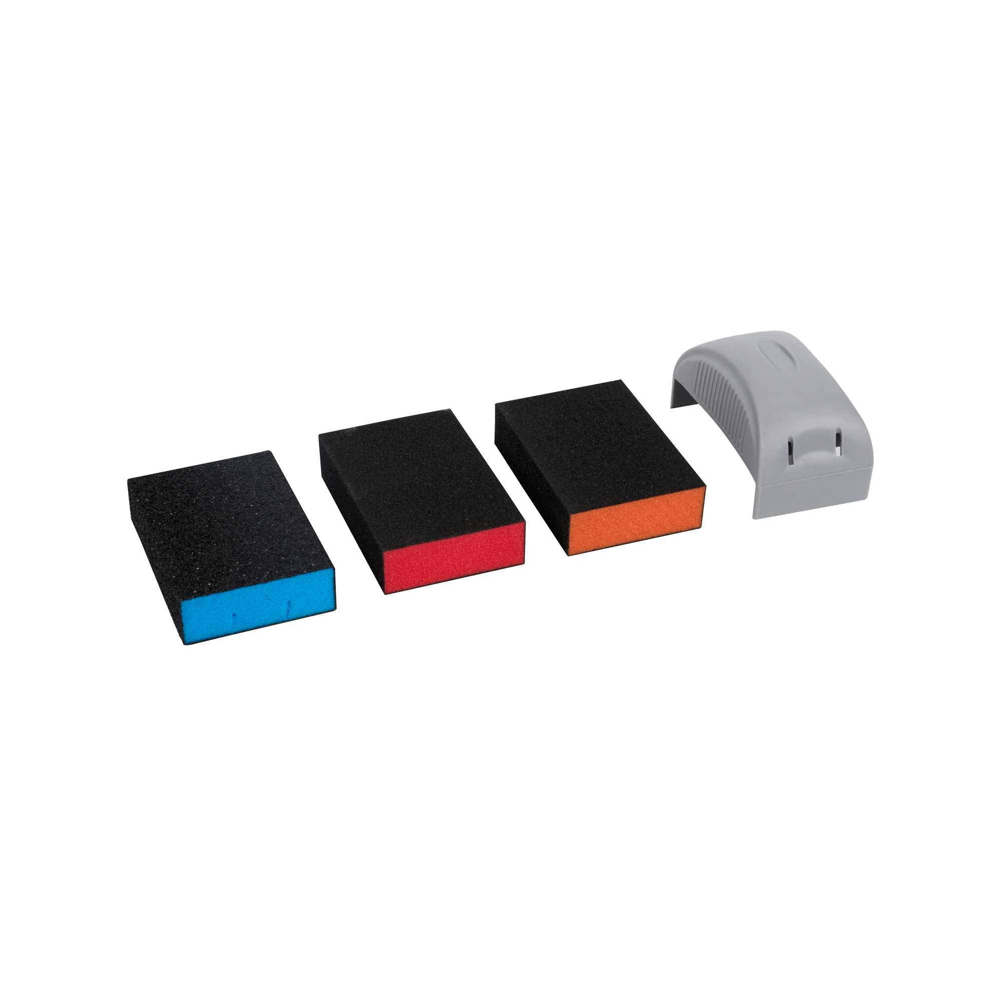 restaurantware Handy Tek Assorted Grit Sanding Sponge Set - 4-Piece Flat Edges with Handle - 4 1/4" x 2 3/4" x 4 1/2" - 6 count box