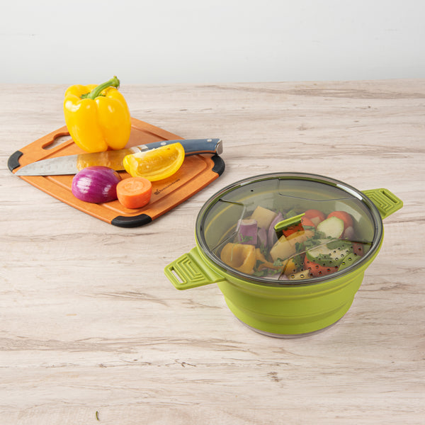 Restaurantware Hi Tek 2.5L Green Silicone Collapsible Pot - With Lid - 12 1/2" X 8 3/4" X 4 3/4" - 20 Count Box