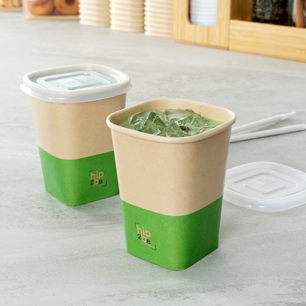 Restaurantware Hip 2 Be Square 12 Oz Kraft And Green Paper Hot / Cold Drinking Cup - Single Wall - 3 1/4" X 3 1/4" X 4 1/4" - 500 Count Box